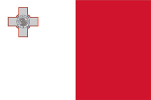 The national flag of Malta, with two vertical bands, white on the left and red on the right. In the top left corner of the white band, there is a depiction of the George Cross outlined in red