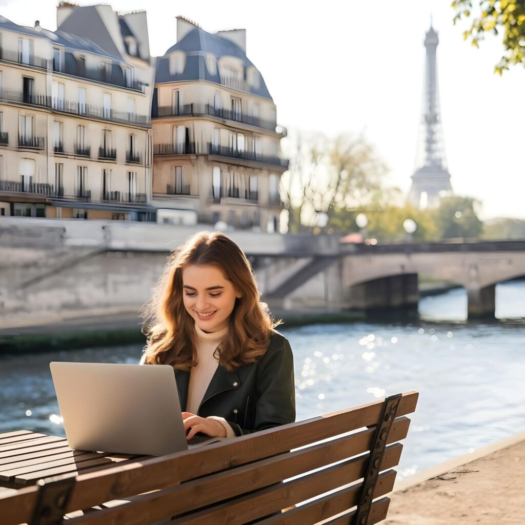 a foreign lady happily working in europe