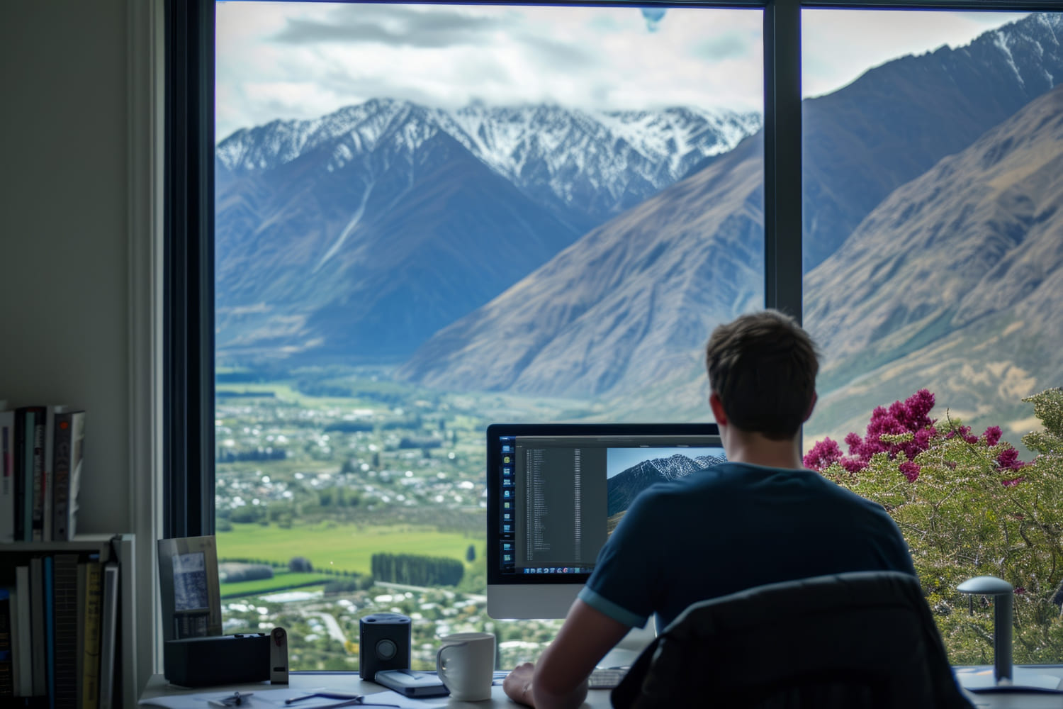 Scene with diverse young man being digital nomads and working remotely from Ireland who owns Ireland work permit